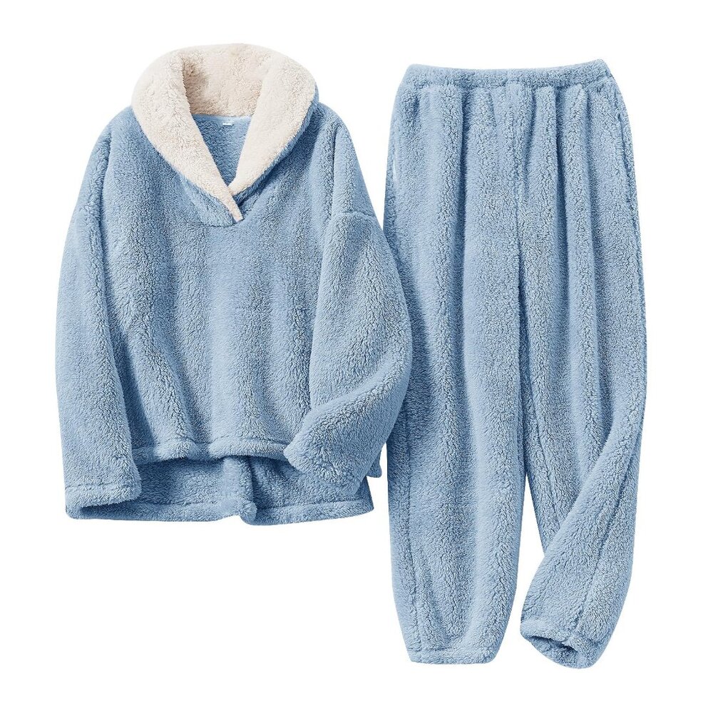 Fluffy Fleece Pajama Set Cozy Winter Sleepwear Loose Fit Plush Lounge Wear